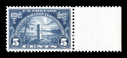 616, 5c Huguenot-Walloon, right sheet-margin single, exceedingly well centered within large margins, deeply rich color and a sharp impression, o.g., n.h., extremely fine 2008
PSE certificate (XF-Superb 95 SMQ $440.00).