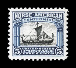 621, 5c Norse-American, large and perfectly balanced margins all around, rich colors, o.g., n.h., extremely fine a lovely little gem 2007 PSE certificate (Superb 98 SMQ
$530.00).