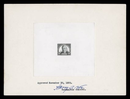 623P1, 17c Black, large die proof on India, die sunk on 202x153mm card, with control number 1360805 on back, dated and signed by Postmaster General Harry New, marvelously
fresh, extremely fine especially desirable being both a full size and in