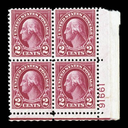 634b, 2c Carmine lake, a very scarce bottom left margin plate no. 19916 block of four, deep color and impression in this distinctive shade, o.g., n.h., top left stamp with mild
gum bend, a few perf. separations at top right and adherence from an
