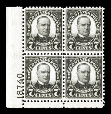 676, 7c Nebr. ovpt., bottom left corner margin plate no. 18740 block of four, strong color and impression on fresh paper, well centered and margined, o.g., n.h., very
fine.