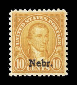 679, 10c Nebr. ovpt., exceedingly well centered within larger margins than typically encountered on this series, brilliantly rich color, o.g., n.h., extremely fine an
especially desirable example of this key value 2008 PSE certificate (XF-Su