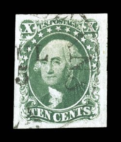 16, 10c Green, Ty. IV, position 3R1, recut at top, uncommonly large and balanced margins all around, bright color, light c.d.s. cancel, tiny thin speck, otherwise an extremely
fine example of this scarce stamp clear 1973 PF certificate.