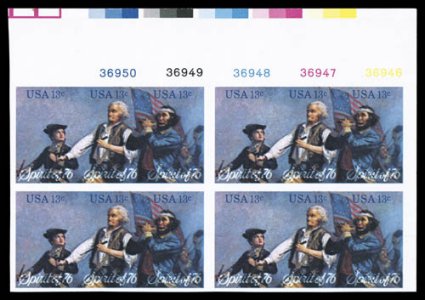 1631b, 13c Spirit of 76 se-tenant strip of three, imperforate, an impressive top right corner sheet-margin plate number block of twelve, containing four error strips of three,
wonderfully well margined all around, o.g., stamps n.h. (lightly hin