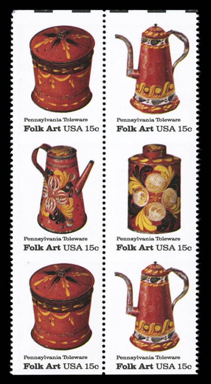 1778b, 15c American Folk Art se-tenant block of four, imperforate horizontally, block of six containing one complete se-tenant error block, plus an additional error pair, well
centered, o.g., n.h., very fine an important perforation error, as <