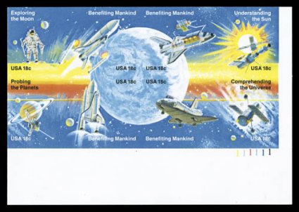 1919b, 18c Space Achievement se-tenant block of eight, imperforate, a spectacular bottom right corner sheet-margin plate no. 111111 example of this visually striking and
enormously rare error, being one of only four to six in existence, and th