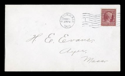 367, 2c Lincoln, tied to an especially fresh first day cover by Boston, Mass.Feb 121909 machine cancel, stamp is nicely centered, extremely fine a select quality first day
cover.