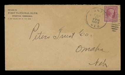 367, 2c Lincoln, tied to first day cover by Stanton Neb.Feb 121909 duplex pmk., sent to Omaha, with First National Bank corner card, cover with tiny nick at left and tear at
top right, fine a rare town for this first day cover.