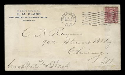 367, 2c Lincoln, tied to first day cover by Chicago, Ill.Feb 121909 machine cancel, with corner card of H. M. Clark, cover with faint vertical file fold, fine.