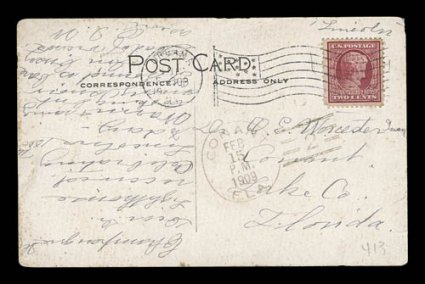 367, 2c Lincoln, tied to hand-colored picture postcard of the University of Illinois by Urbana, Il.Feb121909 first day machine cancel, sent to Florida, postcard with a couple
tiny tears not affecting stamps or markings, fine 1988 PF certifi