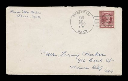 367, 2c Lincoln, tied to first day cover by Peru, Mo.Feb 121909 machine cancel, sent to Kansas City, trivial cover tear at right, otherwise fresh and very
fine.