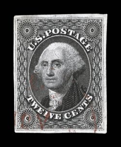 17, 12c Black, a most attractive used example, incredibly fresh, with deep luxuriant color and a razor-sharp impression on bright white paper, four large margins, wonderfully
cancelled by a light red postmark, extremely fine 1987 and 2008 PF ce