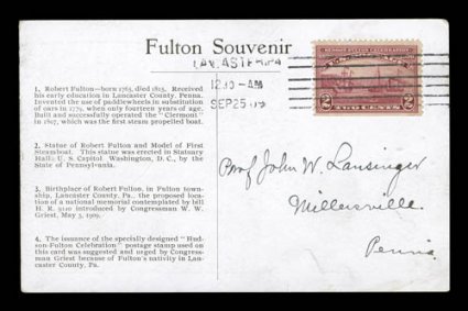 372, 2c Hudson-Fulton, tied to special two-part Hudson-Fulton postcard by Lancaster, Pa.Sep 25 09 first day machine cancel, the card has a faint crease, otherwise very fine and
quite desirable.
