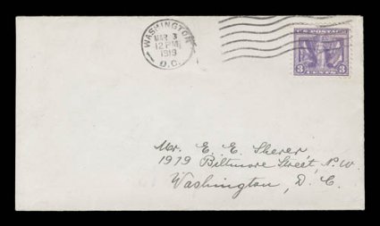 537, 3c Victory, nicely centered single tied to small neat first day cover by Washington, D.C.Mar 31919 machine cancel, neatly addressed to Mr. E. E. Sherer in Washington,
choice very fine particularly scarce in this quality ex-Fisher.