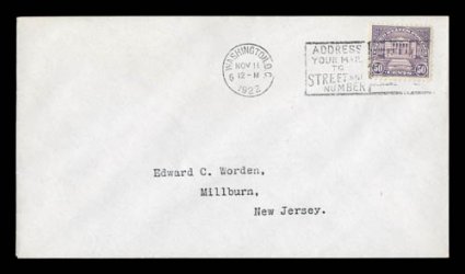 570, 50c Lilac, tied to Worden addressed first day cover by Washington D.C.Nov 111922 machine cancel, stamp has deep rich color, cover is exceptionally fresh and very
fine.