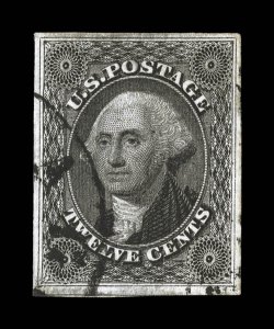 17, 12c Black, four large margins, strong color and a highly detailed impression, light town cancel, extremely fine 2004 PF certificate for a pair, this being the right stamp
and a 2008 PF certificate for the single. (VF-XF 85 SMQ $495.00).