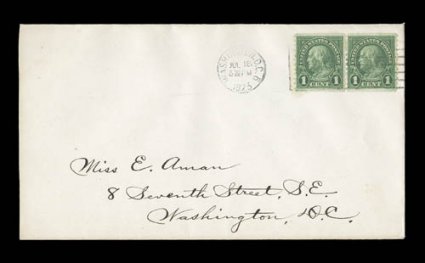 597, 1c Green coil, pair tied to first day cover by Washington, D.C.Jul 181923 machine cancel, opened at left, very fine and scarce.