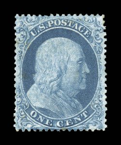 18, 1c Blue, Ty. I, unusually well centered, fresh rich color and a clean impression, full o.g. that is very lightly hinged, extremely fine a scarce mint stamp, especially in
this premium quality 1999 PF and 2005 PSE certificates. (VF-XF 85 S