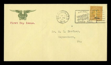 658-79, 1c-10c Kans. and Nebr. ovpts. cplt., each tied to an exceptionally fresh and clean yellow first day cover with Howard Weaver cachet by Washington, D.C.May 11929 machine
cancel, addressed to Dr. M. L. Heefner in Waynesboro, Pa., e