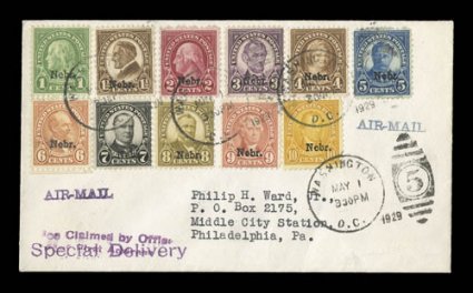 669-79, 1c-10c Nebr. ovpts. cplt. on one small size first day cover, tied by Washington D.C.May 11929 duplex handstamps, with violet Air-Mail and Special Delivery, addressed to
Philip Ward, very fine and quite choice.