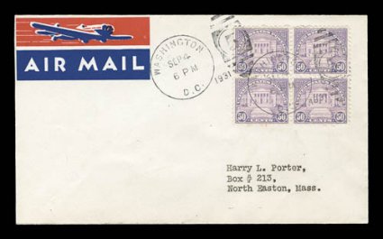 692-701, 11c-50c Rotary press printing cplt., each being a block of four on a separate first day cover addressed to Harry L. Porter in North Easton, Mass., all are tied by
Washington, D.C. duplex on the appropriate first day, some with airma