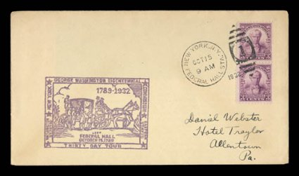 725, 3c Daniel Webster, vertical pair tied by New York, N.Y., Federal Hall Sta.Oct 15 1932 duplex on pre-date first day cover to Allentown, Pa. (October 16 backstamp), with
violet cachet of the George Washington Bicentennial, very fine