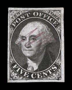 9X1b, New York, N.Y. 5c Black Postmaster Provisional, signed A.C.M., position 29, showing a double transfer, an extraordinarily handsome unused example of this elusive variety,
without gum as nearly always, four large to very large margins, espe