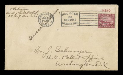 C6, 24c Carmine, top margin plate no. 14840 single tied to special delivery first day cover by Washington, D.C.Aug 211923 machine cancel, with Washington, D.C. special delivery
duplex backstamp, opened at left, very fine.