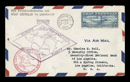 C13-15, 65c-$2.60 Graf Zeppelins cplt., each tied to a first day cover by Washington, D.C.Apr 19, 1930 cancels, the 65c cover not flown, while the $1.30 and $2.60 are cacheted
and flown covers, with appropriate red circular and violet diamond