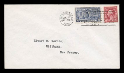 E12, 10c Gray violet, well centered single tied to first day cover along with 2c Carmine (499) by Washington, D.C.Jul 121922 machine cancel, Edward C. Worden cover, who
serviced 100 of the approximately 125 first day covers that were made o