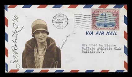 Amelia Earhart signed over cut-out photo used as cachet on Aug. 28, 1928 air mail cover from Canastota, N.Y. to Buffalo, also signed by Postmaster J.H. Roberts, very fine and
unusual.