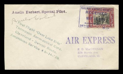 Amelia Earhart signed at left of May 14, 1929 Cleveland-Detroit first flight cover (AAMC 27E27), with special cancel and cachet handstamp green, with white American Railway
Express Co. and Cleveland National Air Races labels both tied on reverse