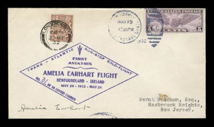 AAMC 1165, May 20, 1932 Transatlantic solo flight, the historic flight in which Amelia Earhart became the first woman to cross the Atlantic solo, signed by Earhart and with
flight cachet numbered 31 of 50 covers carried, with proper U.S. sta