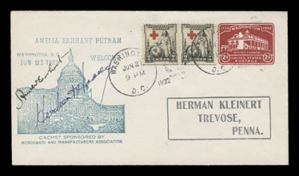 Amelia Earhart signed at left of June 21, 1932 commemorative cover welcoming her back from the famous flight, with cachet at left, additionally signed by President Herbert
Hoover, exceptionally fresh, very fine a rare combination autograph c