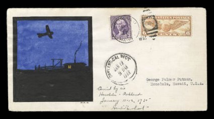 AAMC 1225, January 11, 1935 Hawaii-California solo flight, this cover is not only signed and inscribed by Amelia Earhart, but also possesses a handpainted cachet by Olaf
Seltzer, addressed to Earharts husband, very fine only a total of