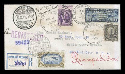 AAMC 1231b, May 8, 1935 Los Angeles-New York flight, being the second leg of her famous Mexico City-New York flight for which the rare Mexican stamp was produced, mail carried
on this leg is actually rarer than the more recognizable first leg,