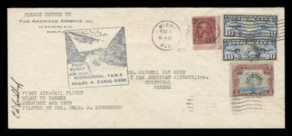 C.A. Lindbergh signature on Feb. 4, 1929 Miami-Cristobal first flight 10 cover, with flight handstamp cachet, very fine.