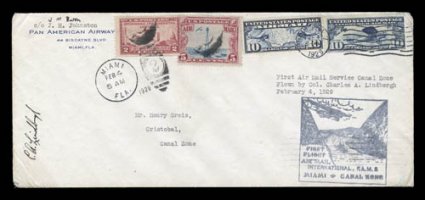 C.A. Lindbergh signature on Feb. 4, 1929 Miami-Cristobal first flight 10 cover, similar cover, light corner creases from mounting, fine.