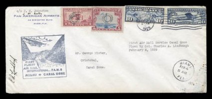 C.A. Lindbergh signature on Feb. 4, 1929 Miami-Cristobal first flight 10 cover, another example, minor corner creases and slight soiling at bottom right, fine.