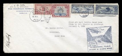 C.A. Lindbergh signature on Feb. 4, 1929 Miami-Cristobal first flight 10 cover, a fourth example, minor mounting corner creases, fine.