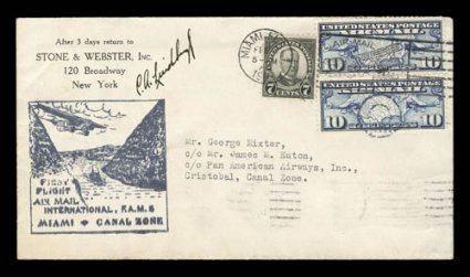 C.A. Lindbergh signature on Feb. 4-6, 1929 Miami-Cristobal small size first flight cover, with flight cachet, very fine.