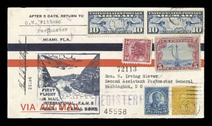 Charles A. Lindbergh signature on February 6, 1929 registered cover, with flight cachet, accompanied by the original registry receipt also signed Charles A. Lindbergh noting
that only one piece of registered mail was carried, cover is very fi