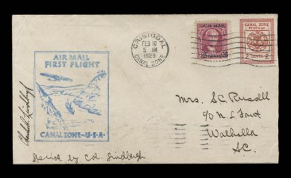 Charles A. Lindbergh signature on Feb. 10, 1929 Cristobal-Miami first flight small size cover, opened at right, fine quite scarce and desirable in this small
size.