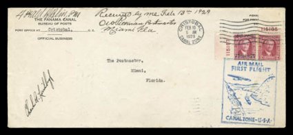 Charles A. Lindbergh signature on Feb 10, 1929 Cristobal-Miami 10 size first flight cover, with flight cachet tying the Canal Zone stamps, also signed by the Canal Zone
postmaster and Miami postmaster, enclosed are letters from a statistician at