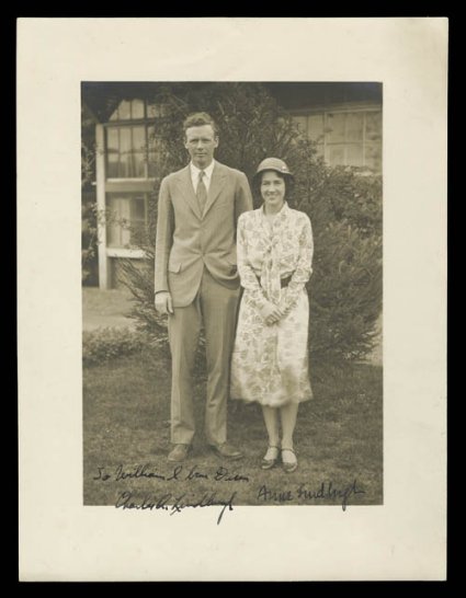 Charles A. Lindbergh signed photo of he and his wife, also signed by Anne Lindbergh, original 6x8 photograph taken in July 1929, inscribed by Charles Lindbergh To William Van
Dusen (one of Lindberghs flying companions), very fine a rare p