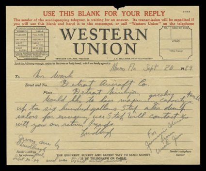 Lindbergh signed Western Union telegram and message in his hand to the Detroit Aircraft Company dated Sept. 20, 1929, asking for a 600 gallon gasoline capacity, a few pencil
notes from unknown party at bottom left and bottom right, fine an excel