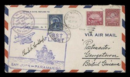 Charles A. Lindbergh signature on September 22-23, 1929 San Juan-Georgetown extension route small size first flight cover, with violet flight cachet, very
fine.