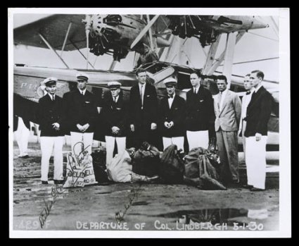Charles A. Lindbergh signed photo taken with flight crew of the May 1, 1930 Miami return flight, 8x10, photo also signed by Capt. Mike LaPorte, very fine.