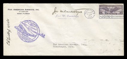 C.A. Lindbergh signature and inscribed 112631 on Nov. 19, 1931 Miami-Cienfuegos first flight 10 size cover, with violet flight cachet, cover with vertical crease in center and
top line of address had been eradicated, fine.