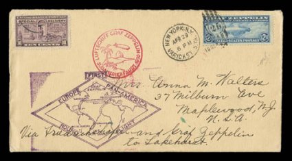 C13-15, 65c-$2.60 Graf Zeppelins cplt., each tied to cover or card flown on the 1930 Pan-American flight (Sieger 64), 65c on Zeppelin photo card for the Lakehurst to
Friedrichshafen flight, $1.30 on the view side of a multicolor postcard of the